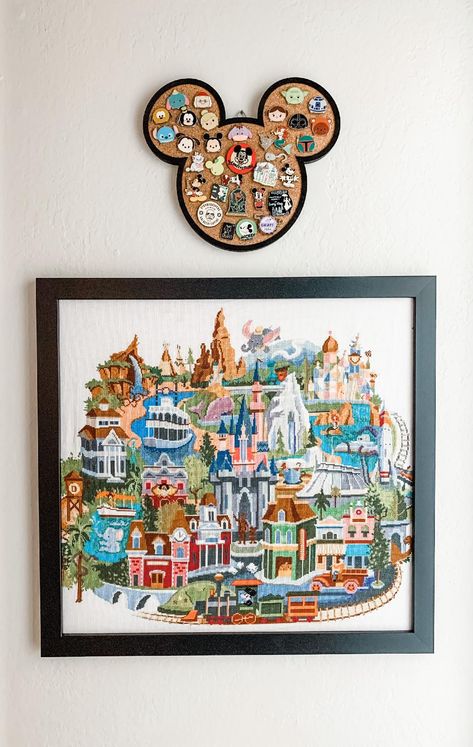 Disneyland map cross stitch project Disneyland Embroidery, Disneyland Cross Stitch, Disney World Cross Stitch, Disney Castle Embroidery, Disneyland Cross Stitch Patterns, Disneyland Embroidery Designs, Small World Cross Stitch, Disney Map, Map Cross Stitch