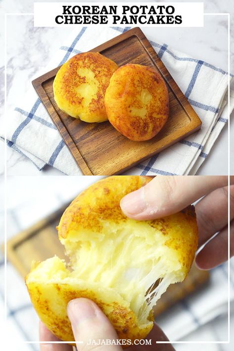 Cheese Potato Cakes, Cheese Hotteok Recipe, Asian Potato Cakes, Korean Savory Pancake, Korean Cheese Pancake, Korean Authentic Food, Korean Baked Goods, Cheese Hotteok, Korean Bread Recipe