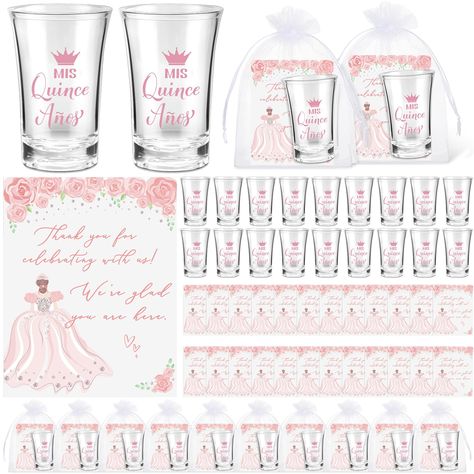 PRICES MAY VARY. Quinceanera Party Favors Set: you will receive 25 sets quinceanera party favors comes with 25 shot glasses, 25 thank you cards, and 25 organza bags; This ensures you have enough gifts to express your gratitude to your beloved guests, making the quinceanera party more interesting and colorful Quality Material: clear shot glass is made of acrylic, strong and beautiful; The thank you cards are crafted from 250 g coated paper, not easy to break; The organza bag, made from organza, i Quince Recuerdos Ideas, Quince Party Favors, Quince Gifts, 15 Birthday Party, Sweet 15 Birthday, Quinceanera Party Favors, Red Quince, Pink Quince, 15 Birthday