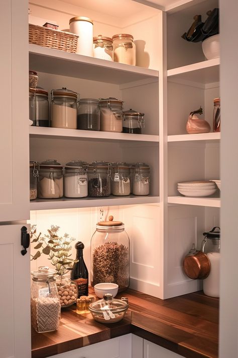 Aesthetic Kitchen Pantry, Modern Farmhouse Pantry Organization, Pantry Cottagecore, Cozy Pantry, Farm House Pantry, Pantry Aesthetic, L Shaped Pantry, Cozy Farmhouse Kitchen, Organized Pantry Asthetic