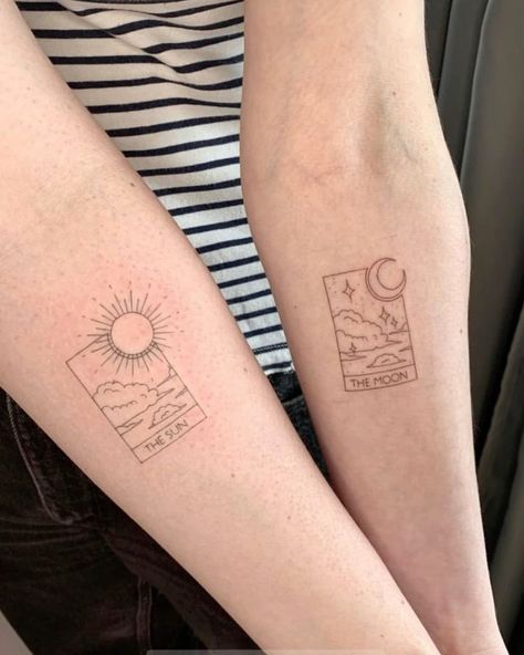 Small Sun And Moon Tattoos Matching, Matching Bestie Tattoos Sun And Moon, The Sun And The Moon Tattoo Tarot, Distant Best Friend Tattoos, Matching Tattoos Tarot Cards, Sun And Moon Tattoo Matching Tarot, Tarot Card Tattoo Matching, Matching Tarot Tattoo, The Sun The Moon Tattoo