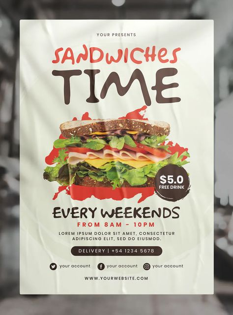 Sandwich Promotion Flyer Template PSD, AI Flyer Ideas For Business, Sandwich Poster Design, Sandwich Poster, Sandwich Menu, Promotion Flyer, Panini Sandwich, Sale Template, Menu Designs, Flyer Design Inspiration