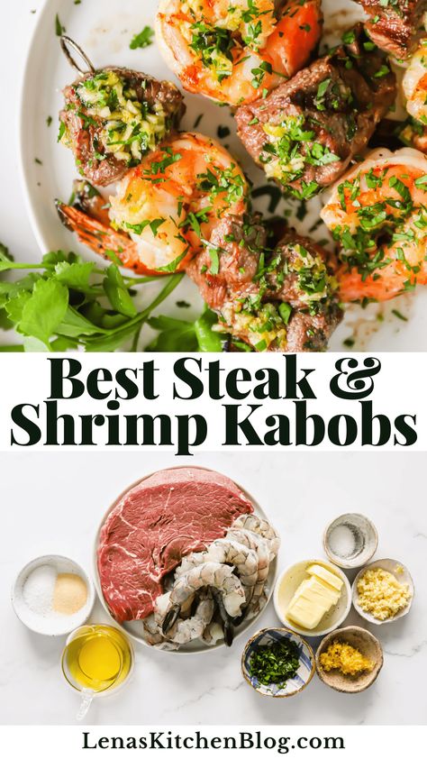 These steak and shrimp kabobs are bursting with savory, juicy, and zesty flavors! The combination of succulent steak cubes, tender shrimp, and homemade garlic butter is a true surf and turf crowd-pleaser. Serve them with a side of fresh salad and grilled veggies for the ultimate backyard barbecue feast! Surf And Turf Skewers, Steak And Shrimp Kabobs, Shrimp Kabobs, Homemade Garlic Butter, Ultimate Backyard, Steak And Shrimp, Surf And Turf, Fresh Salad, Best Steak