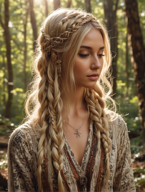 23 Blonde Boho Braids Easy To Copy [2024] – Scan to Talk Braid Hairstyles Blonde Hair, Midevil Wedding Hairstyles, Midevil Hair Braids, Female Viking Braids, Braided Boho Hairstyles, Druid Hairstyles, Spiritual Braids, Middle Age Hairstyles, Nordic Braids