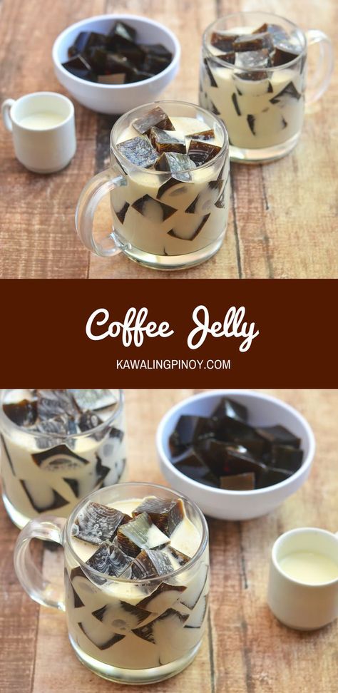 With soft coffee-flavored gelatin cubes drizzled with sweetened cream, Coffee Jelly makes a fun yet impressive dessert everyone is sure to love. Coffee Agar Agar Jelly, Japanese Jelly Coffee Recipe, Coffee Jello Desserts, Coffee House Recipes, Coffee Gelatin Dessert, Easy Cafe Food Ideas, Coffee Jelly Recipe Filipino, Cold Dessert Recipes Easy, Simple Meal Recipes