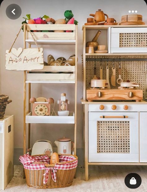 Boho Play Kitchen, Kids Play Kitchen Organization, Kids Play Kitchen Makeover, Kids Ikea Kitchen Makeover, Toy Kitchen Organization, Duktig Kitchen Makeover, Play Food Storage Ideas, Ikea Kids Kitchen Makeover, Playroom Kitchen Area