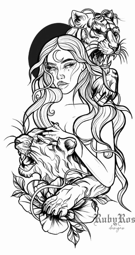 Thigh Lion Tattoos Women, Lioness Of God Tattoo, Full Sleeve Tattoos Sketch, Love For Animals Tattoo, Cat And Woman Tattoo, Leo Sleeve Tattoos For Women, Tattoos For Women Outline, Half Tiger Half Woman Tattoo, Thigh Tattoos Women Unique Meaningful