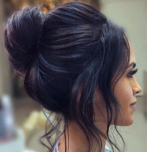 Tousled High Bun, Soft High Bun Wedding Updo, Dressy High Bun Hairstyles, High Upstyles For Medium Hair, Modern High Updo Hairstyles, Wedding Top Bun Hairstyles, Top Bun Wedding Hair, 90s High Bun Wedding, Bridal Hair Updo High Bun