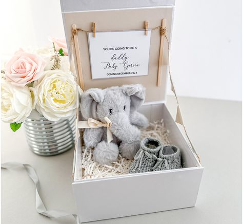 Husband Pregnancy Reveal, Pregnancy Husband, Baby Announcement To Husband, Pregnancy Gift Box, Baby Bootees, Elephant Soft Toy, Gender Reveal Gifts, Christmas Pregnancy Announcement, Pregnancy Announcement Gifts