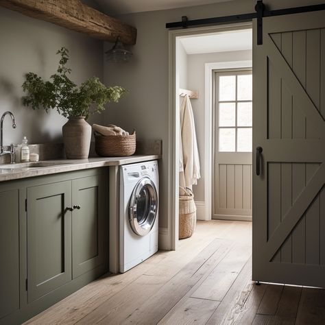 Sliding Door Farmhouse, Utility Garage Room Ideas, Country Boot Room Ideas, Boot Room And Utility, Sliding Utility Door, Hallway Utility Room, Boot Room Ideas Utility, Utility Room Door Ideas, Small Utility Room Ideas Uk