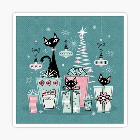 Atomic Cat Gifts & Merchandise for Sale | Redbubble Mcm Art Print, Atomic Art, Christmas Kitties, Images Noêl Vintages, Atomic Cat, Mid Century Modern Christmas, Kitty Christmas, Pink Xmas, Bah Humbug