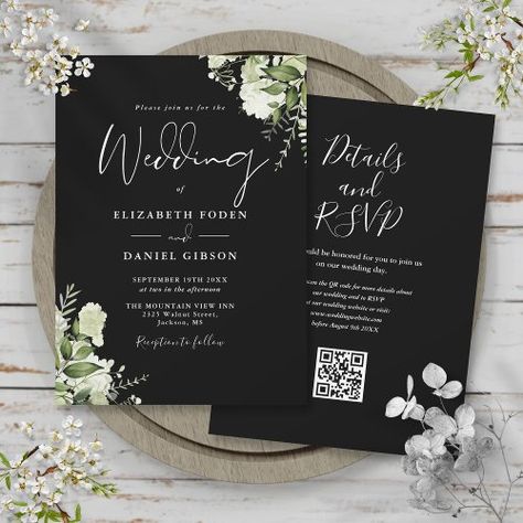 $1.98 | Black And White Greenery Floral QR Code Wedding #wedding, greenery leaves botanical wedding, qr code, watercolor floral foliage, spring summer fall wedding, outdoor country garden wedding, elegant script, rustic eucalyptus, modern simple calligraphy, black and white Fall Wedding Outdoor, Summer Fall Wedding, Wedding Qr Code, Chic Typography, Popular Wedding Invitations, Qr Code Wedding, Wedding Greenery, Country Garden Weddings, Black And White Wedding Invitations