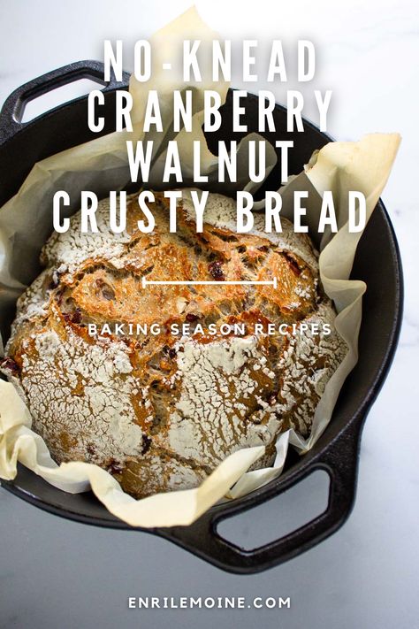 Slightly sweet with a tender crumb, this crusty, no-knead artisan cranberry walnut bread is all you need to start this baking season. This recipe produces the most delicious bread, a beautiful rustic artisan loaf packed with sweet, dry cranberries and crunchy walnuts. Visit my blog for the step-by-step-recipe #byenrilemoine Cranberry Walnut Artisan Bread, Dry Cranberries, Walnut Bread Recipe, Cranberry Walnut Bread, Lemon Pound Cake Recipe, Knead Bread Recipe, Homemade Breads, Artisan Bread Recipes, Yeast Breads