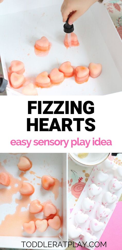 This Fizzing Hearts Activity is a fun sensory play idea AND experiment in one!  #kidsexperiment #fizzinghearts #toddleractivity #finemotorskills Valentines Toddler Activities, Preschool Valentines Activities, Valentine Sensory, Science Valentines, Sensory Activities Toddlers, Toddler Sensory, Preschool Valentines, Valentine Activities, Toddler Valentines