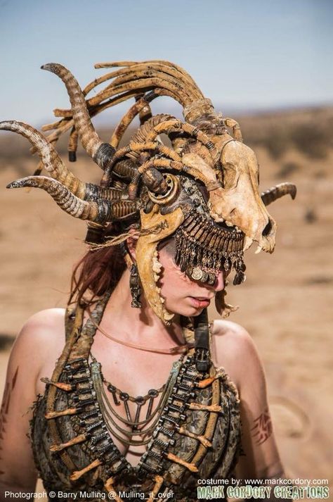 Post Apocalyptic Headpiece, Post Apocalyptic Viking, Dystopian Disney, Bone Headpiece, Salvage Punk, Post Apocalyptic Outfit Women, Priestess Cosplay, Wasteland Aesthetic, Shaman Costume