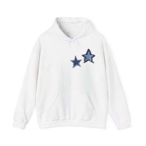 denim blue stars hoodie available in white, black, gray, light blue, navy blue, and red ~ cool and trendy hoodie with two denim blue stars, designed by me! 100% cotton, ethically & sustainably sourced ~ size availability: s, m, l, xl, 2xl i recommend sizing up from your usual size for a comfy oversized fit! Blue And White Hoodie, Denim Stars, Star Hoodie, Stars Vintage, Patchwork Hoodie, Sweatshirt Y2k, Navy Blue Hoodie, Sewing Projects Clothes, Diy Sweatshirt