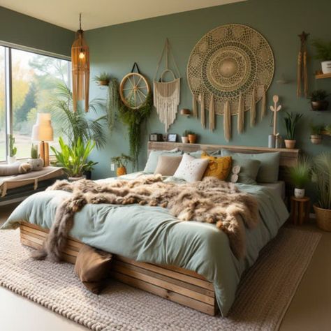 28+ Boho Bedroom Ideas For A Cozy Retreat Boho Makeover Home Decor, Master Boho Bedroom, Interior Design Bedroom Master Color Palettes, Green Vintage Room Aesthetic, Colorful Boho Interior, Nature Themed Bedrooms, Boho Rustic Home Decor, Boho Bedroom Color Palettes, Master Bedrooms Boho