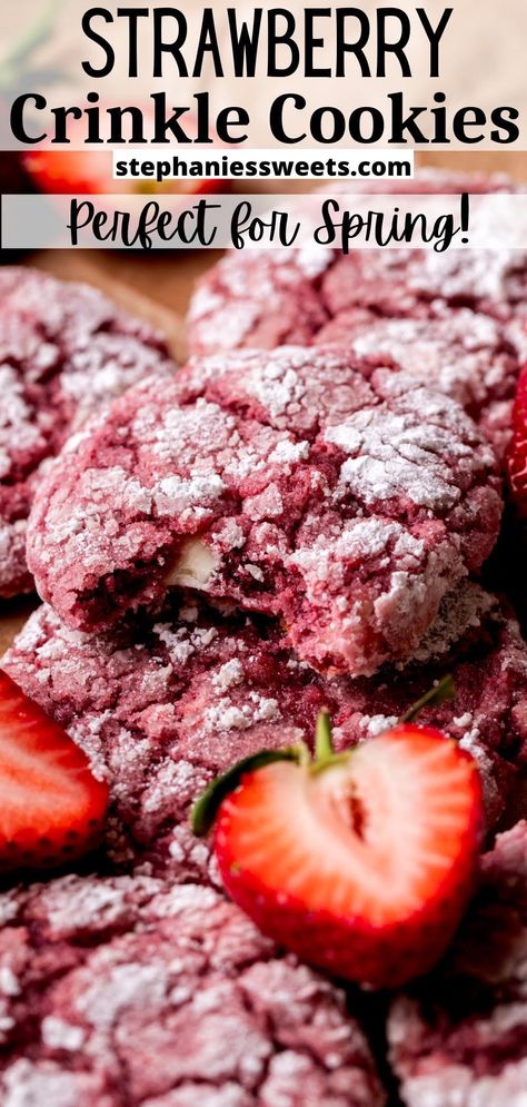 These strawberry crinkle cookies have chewy strawberry cookie with white chocolate chips and a powdered sugar crinkle top. They use freeze-dried strawberries for a strong strawberry flavor. Strawberry Crinkle Cookies, Cookies With White Chocolate Chips, Cookies With White Chocolate, Fruity Dessert, Strawberry Cookie, Mint Chocolate Cake, Oreo Stuffed Chocolate Chip Cookies, Crinkle Cookies Recipe, Biscuit Recipes