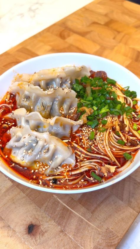 Quick and easy spicy dumpling & noodle soup – a bowl full of flavor with dumplings and noodles in a zesty broth. Perfect for a cozy… | Instagram Spicy Soup Dumplings, What To Eat With Gyoza, Dumpling And Noodle Soup, Noodle Soup With Dumplings, Noodles With Dumplings, Dumpling Noodle Soup, Dumplings Dinner, Dumplings And Noodles, Noodles And Dumplings