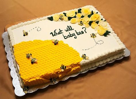 What will baby bee? by Wendy Army Bumble Bee Baby Shower Cake, Bee Baby Shower Cake, Baby Shower Sheet Cakes, Bee Themed Gender Reveal, Bumble Bee Cake, What Will Baby Bee, Pastel Rectangular, Bee Gender Reveal, Bee Cakes