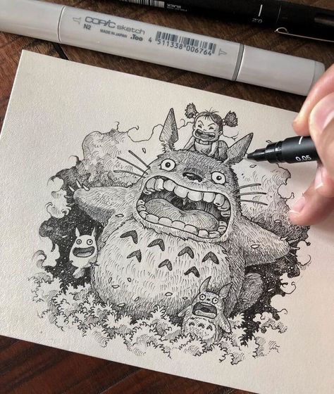 My Neighbor Totoro. Detailed Fantasy Ink Drawings. Click the image, for more art by Kerby Rosanes Ink Sketches Sketchbooks, Anime Ink Drawing, Totoro Drawing, Totoro Art, Ink Drawing Techniques, Black Ink Art, Kerby Rosanes, Couple Drawing, Drawing Eyes