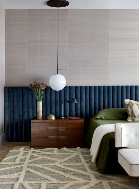 Parisian Chic Apartment, Blue Velvet Headboard, Greenwich Village Nyc, Luxe Magazine, Nyc Interior Design, Upholstered Walls, Velvet Lounge Chair, Evening Star, Graphic Rug