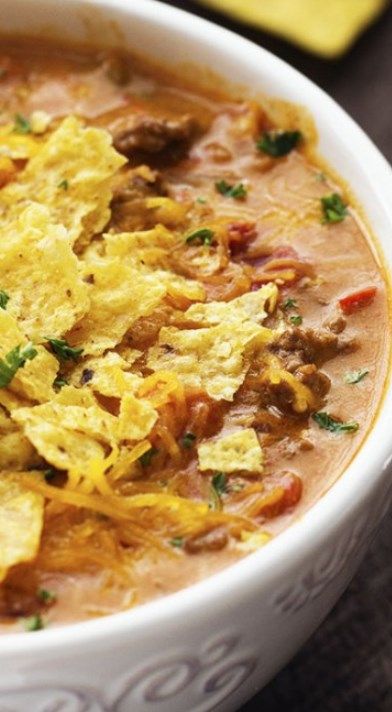 Slow Cooker Beefy Nacho Soup Nacho Cheese Soup Recipe, Nacho Soup Recipe, Nacho Soup, Broccoli Cashew, Cashew Salad, Beef Stews, Fajita Soup, Beef Nachos, Slow Cooker Dinner Recipes