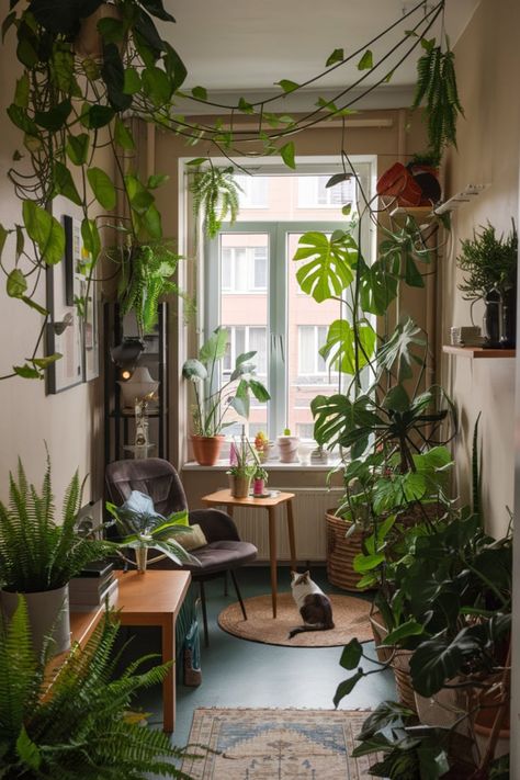 Experience the beauty of an urban jungle with this apartment tour showcasing a variety of indoor plants. Discover how to style your space with greenery while creating a cozy, nature-inspired retreat. Cozy Plant Apartment Aesthetic, Room Decorated With Plants, Apartment Garden Aesthetic, Studio Apartment With Plants, Cozy Plant Apartment, Living Room With Plants Ideas Cozy, Earthy House Interior, Room Plant Aesthetic, Plants Indoor Aesthetic