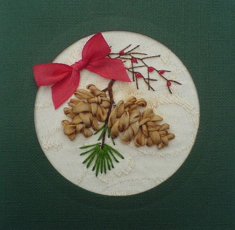 Embroidery window 2 x 2 inches. Made for christmas 2006. Dyed all the ribbons myself, designes the composition. Other embroideries in the same technique: Silk ribbon pine cones card Embroidery Trees, Silk Ribbon Embroidery Tutorial, Silk Ribbon Embroidery Patterns, Ribbon Embroidery Kit, Ribbon Embroidery Tutorial, Embroidery Christmas, Framed Embroidery, Learn Embroidery, Ribbon Art