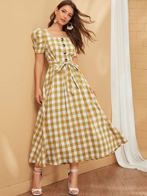 Checkered Dress, Puff Sleeve Dress, Cotton Fashion, Puff Sleeve Dresses, Gingham Dress, Puffed Sleeves Dress, Hem Dress, Women Dresses, Stylish Dresses