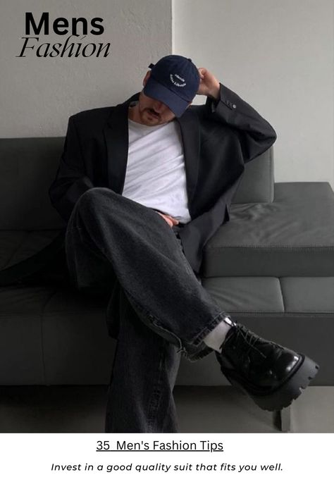 Blazer Outfits Men Streetwear, Black Cap Outfit Men, Oversized Black Blazer, Chicos Fashion, Loafers Outfit, Aesthetic Outfits Men, One Chance, Mens Outfit Inspiration, Mens Fashion Streetwear