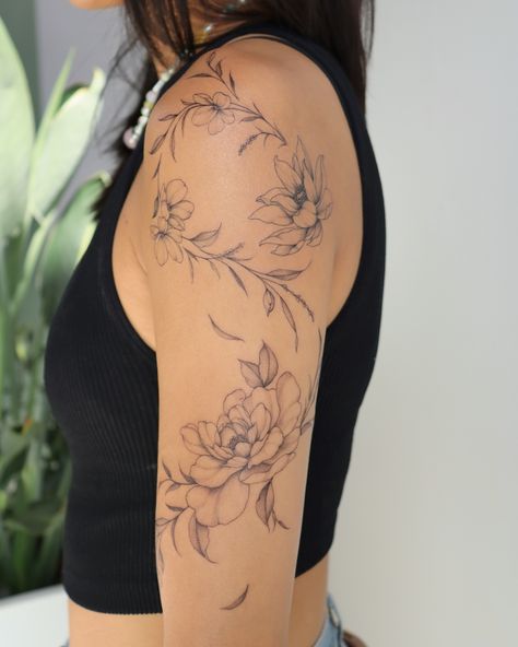 BOTANICAL FLOW 🌿 peony, lotus, and cherry blossoms Peony And Cherry Blossom Tattoo, Lotus Flower Fine Line Tattoo, Peony Shoulder Tattoos For Women, Magnolia Tattoo Sleeve, Cherry Blossom Shoulder Tattoo, Fine Line Cherry Blossom Tattoo, Small Peony Tattoo, Fine Line Peony Tattoo, Cherry Blossom Tattoo Shoulder