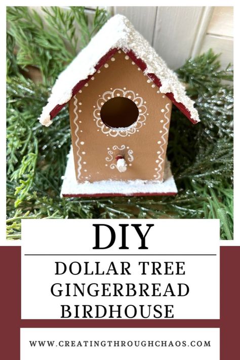 DIY Gingerbread Dollar Tree Birdhouse - Creating Through Chaos Gingerbread Birdhouse Ideas, Dollar Tree Birdhouse Crafts, Dollar Tree Gingerbread House, Gingerbread Birdhouse, Gingerbread Diy Crafts, Making Christmas Crafts, Dollar Tree Christmas Crafts, Gingerbread House Craft, Gingerbread Man Crafts