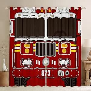 Cartoon Firefighter, Fire Dept Decor, Firefighter Man Cave, Fire Truck Room, Black Window Treatments, Truck Room, Light Blocking Curtains, Trucks Print, Curtains For Bedroom