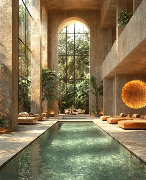 Luxurious indoor pool, modern design, tranquil, relaxing atmosphere. Indoor Pool Atrium, Indoor Pool House Luxury, Indoor Pool Design Luxury, Indoor Natural Pool, Spa Pool Aesthetic, Pool Indoor Design, Rectangular Pool Landscaping, Spa Pool Area, Pool Modern Design