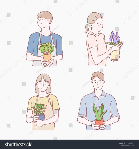 Planting Reference Pose, Holding Object Drawing Reference, Person Holding Plant Reference, Holding Flower Pot Pose Reference, Holding Plant Pose, Holding Pot Reference, Holding Plant Reference, Holding Something Reference, Two Color Shirt