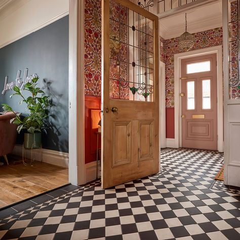 Original Style | Real Homes | A period home with a glamourous, eclectic twist Victorian Maximalism, Victorian Hallway, Entrance Halls, Hallway Colours, Victorian Floor Tiles, Hallway Wallpaper, Victorian Floor, Tiled Hallway, Edwardian House