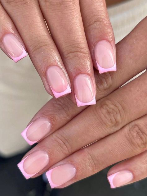 Rose bonbon  Collar    Ongles de couleur Embellished French Nails Square Design, Pink French Tip Nails Gel, Short Square Pink French Tip Nails, Square Nails Pink French Tip, Short Pink Tip Nails, Pink French Square Nails, Pink Tip Nails Square, Short Pink French Nails, Pink French Nails Short