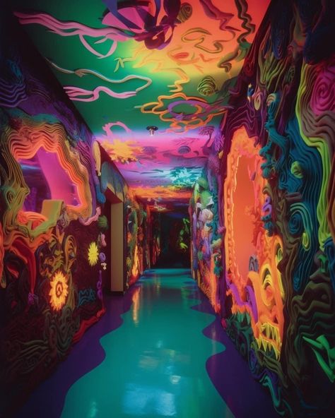 Trippy House, Diy Black Light, Funky Bedroom, Dorm Room Styles, Trippy Designs, Trippy Visuals, Retro Interior Design, Art Deco Bathroom, Tumblr Pics