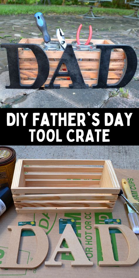 DIY Father's Day Tool Crate Project Wood Projects For Fathers Day, Father’s Day Wood Art, Fathers Day Gifts Ideas Diy Adult, Father Day Gifts Diy, Dollar Tree Fathers Day Crafts, Father’s Day Gift Idea, Fathers Day Gifts Ideas Diy Cricut, Fathers Day Wood Projects, Father’s Day Gifts Diy