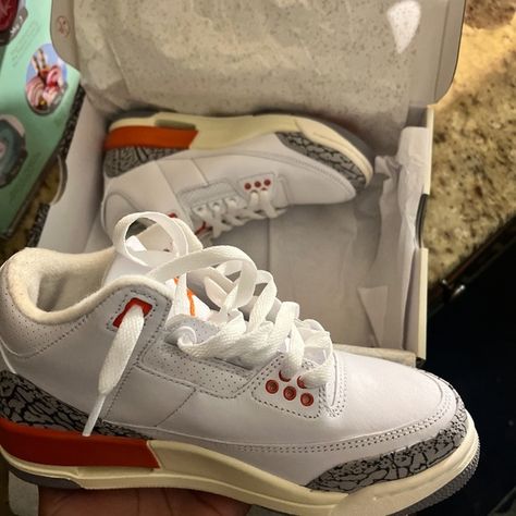 Jordan 3s Jordan 3s, Pretty Sneakers, Shoes Jordan, Cute Nike Shoes, Cute Nike, White And Orange, Cute Nikes, Kids Jordans, Stuff I Need