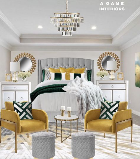 Modern Bedroom With Gold Accents, Silver And Gold Room Bedrooms, Gold And Silver Accents Bedroom, Green Gold Cream Bedroom, Glam Bedroom Accent Wall, Green Master Bedrooms Decor Cozy Relaxing, Gray White And Gold Bedroom Ideas, White Silver And Gold Bedroom, Grey Emerald Bedroom