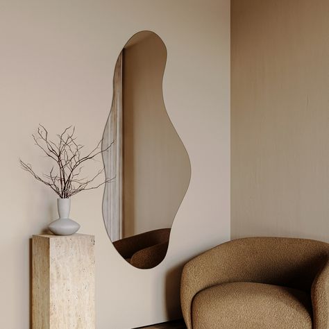 The Lumina Wall Mirror, 80cm x 180cm, is your new decor essential. Its unique shape and frameless design fit any style, adding elegance and the illusion of more space and light. Perfect for modernising traditional spaces. #irregularmirror #uniquemirror Theatre Inspiration, Long Mirror, Modern Addition, Unique Mirrors, Room Ambiance, Cozy Room Decor, Decor Essentials, Hanging Mirror, Cozy Room