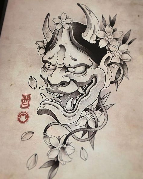 Japanese Geisha Tattoo, Tattoo Chart, Japanese Mask Tattoo, Oni Mask Tattoo, Hannya Mask Tattoo, Japanese Flower Tattoo, Dragon Tattoo Art, Black Tattoo Cover Up, Card Tattoo Designs