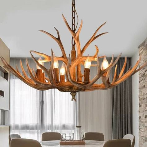 Zickel 6-Light Rustic Resin Chandelier Antler Shape Pendant Light Farmhouse - On Sale - Bed Bath & Beyond - 36040630 Cabin Light Fixtures, Stairway Chandelier, Resin Chandelier, Pendant Light Farmhouse, Ski House Decor, Light Fixtures Farmhouse, Antler Lights, Chandelier Farmhouse, Starburst Light