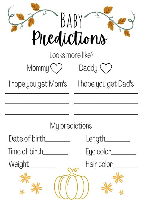 Baby predication game for baby shower. Fun easy game for all to play. Fall, autumn style with cute pumpkin these for fall theme showers. Instant download. Baby Shower Themes For Boys Fall, Baby Shower Ideas For November, Baby Shower Ideas For Girls Themes Fall, Fall Themed Baby Shower Decorations, Baby Shower Themes May, Baby Shower Ideas October, Baby Shower Fall Ideas, Fall Pumpkin Baby Shower Ideas, Fall Gender Neutral Baby Shower Ideas