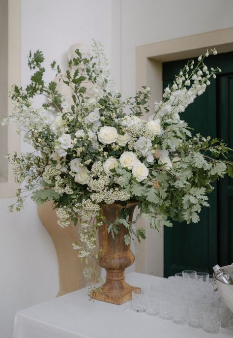 Large Wedding Flower Arrangements, Urn Arrangements, White Urn, Flower Urn, White Flower Arrangements, White Roses Wedding, Large Flower Arrangements, Aisle Flowers, Memorial Flowers