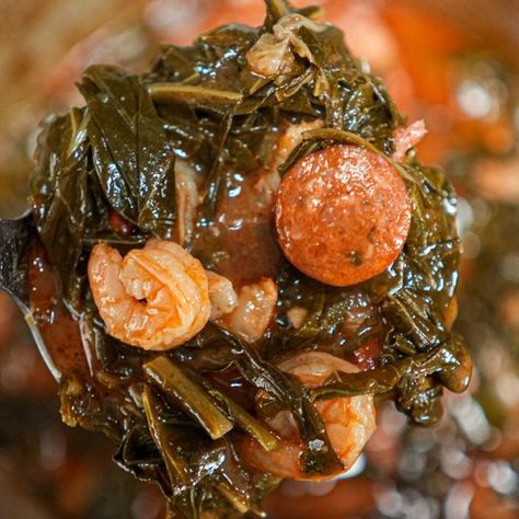 Gumbo Greens Recipe, Collard Green Gumbo, Gumbo Greens, Gumbo Soup Recipe, Green Gumbo, Gumbo Crockpot, Greens Recipe Soul Food, Recipe With Shrimp, Shrimp Gumbo