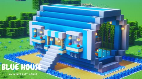 Blue House Minecraft, Blue Minecraft House, Minecraft Cabin, Cool Minecraft Creations, Minecraft House, Cool Minecraft, Minecraft Architecture, Minecraft Tutorial, Minecraft Buildings