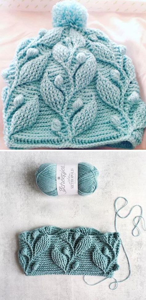 Beanie Hat With Leaves - Tutorial Crochet Pattern Beanie, Beanie Tutorial, Leaves Crochet, Tutorial Knitting, Bonnet Crochet, Beanie Crochet, Leaves Design, Tutorial Crochet, Beginners Knitting